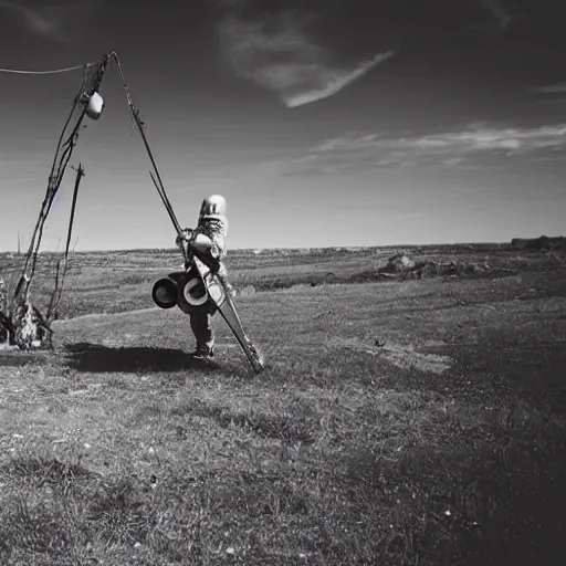 Image similar to wide angle photo of viking wearing space suit helmet and viking armor working on the antigravity gun ancient device, tools and junk on the ground,wires and lights, old village in the distance, vintage old photo, black and white, sepia