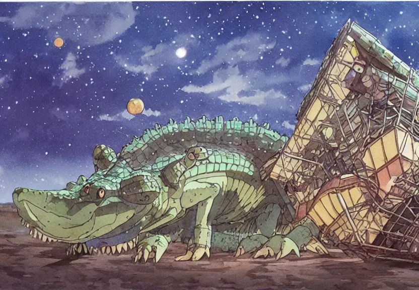 Image similar to a hyperrealist watercolor concept art from a studio ghibli film showing a giant beige mechanized crocodile from howl's moving castle ( 2 0 0 4 ). a pyramid is under construction in the background, in the rainforest on a misty and starry night. a ufo is in the sky. by studio ghibli