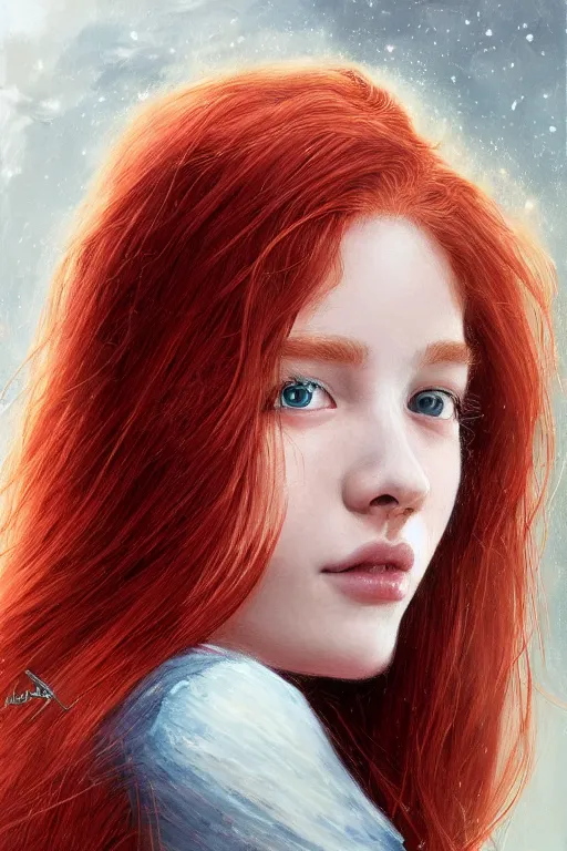 Prompt: ultra realistic style illustration of a beautiful cute red haired joyful 1 9 year old teen, full portrait, long hair, sci - fi, fantasy, intricate, elegant, digital painting, artstation, concept art, smooth, sharp focus, 8 k frostbite 3 engine, ultra detailed, art by artgerm and greg rutkowski and magali villeneuve