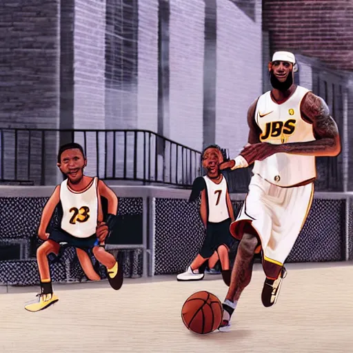 Prompt: lebron james playing basketball in the street with young boys, photorealistic, dynamic light, cinematic, ultra detailed