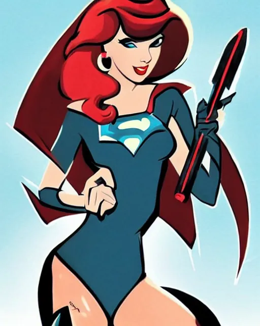 Prompt: taylor swift as a super hero similar to seraphine from league of legends with a microphone in her hand as her weapon drawn in a 1 9 5 0 s cartoon on a saturday morning style, hugh quality, very well proportioned silhouette