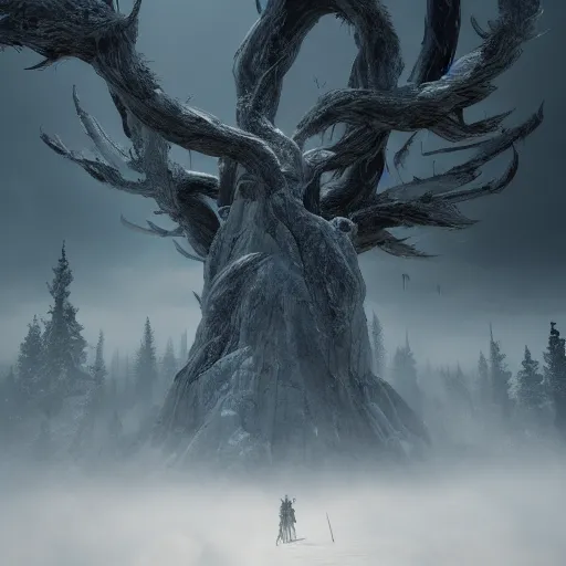 Image similar to the wild hunt, otherworldly spectres riding in the sky, bad omen, enchanted forest, blizzard storm, fog, full moon, snowy environment, in the style of the witcher series, hyperrealism, breathtaking, award winning, groundbreaking, octane render, unreal 5, intricate digital art, 8 k high resolution