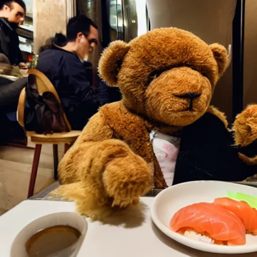 Prompt: a photo of a realistic Teddy bear eating sushi, in Paris