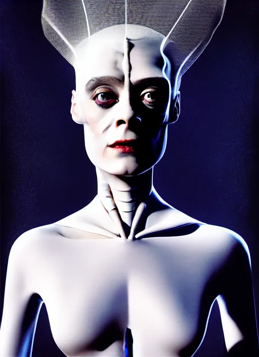 Image similar to portrait of beautiful gentle futuristic bride of frankenstein from the movie bride of frankenstein, kintsugi, modern fine art, fractal, intricate, elegant, highly detailed, digital photography, subsurface scattering, by jheronimus bosch and greg rutkowski, still from the movie ex machina, smooth healthy skin, high key lighting