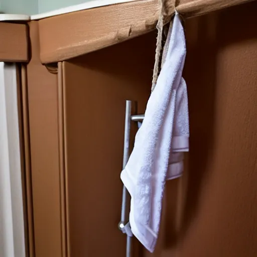 Image similar to a doll hanging, tied to a towel rack in the bathroom with a fabric belt