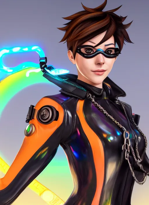 Image similar to portrait bust digital artwork of tracer overwatch, wearing iridescent rainbow latex and leather straps catsuit outfit, 4 k, expressive happy whistling face, makeup, in style of mark arian, angel wings, wearing detailed leather collar, chains, black leather harness, detailed face and eyes,