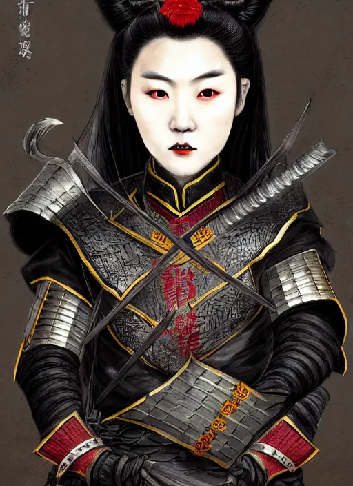 Prompt: full portrait of female vampire jinyiwei wearing black heavy armor and pointed helmet, agile, absurdly beautiful, facial scar, imposing, jinyiwei, embroidered uniform guard, secret agent, detective, chinese armor, historical armor, pointed helmet, katana, nodachi, japanese sword, ming dynasty, detailed, realistic face, anatomically accurate, fantasy art.