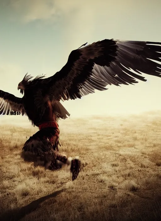 Image similar to Navajo shaman morphing into an eagle during a Sundance, realistic, cinematic, octane render