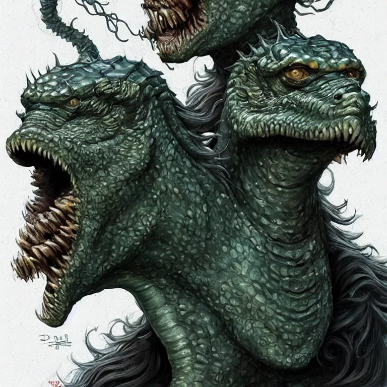 Image similar to hydra of lerna with two heads, one head is jim carey as lloyd christmas, the other head is jeff daniels as harry dunne ( from dumb and dumber ), serpentine water monster, d & d, fantasy, portrait, highly detailed, digital painting, trending on artstation, concept art, sharp focus, illustration, art by artgerm and craig mullins