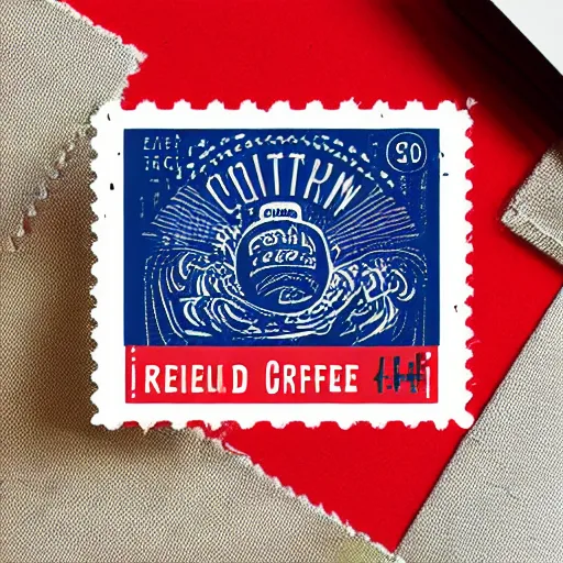 Image similar to inspired by cold brew label, vintage intricate stamp logo, retro artwork, red and blue, design vintage looking logo for art company