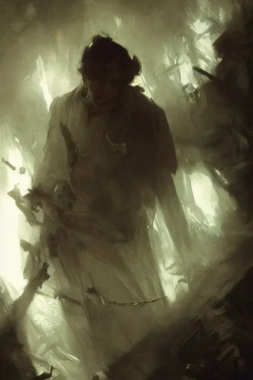 Image similar to a horrified man in a dark dingy basement dealt with monsters of unknown power, art by anders zorn, wonderful masterpiece by greg rutkowski, beautiful cinematic light, american romanticism thomas lawrence, greg rutkowski