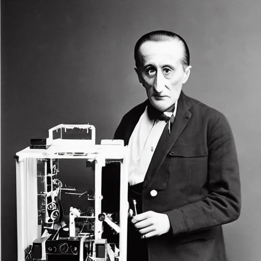 Image similar to Kodachrome portrait of Marcel Duchamp with an technologival machine, archival pigment print in the style of Hito Steyerl, studio shooting, contemporary art