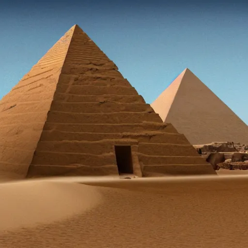 Image similar to front entrance of a pyramid with an inverted pyramid at the top in the desert partially covered by sand, highly detailed, videogame screenshot, panoramic view