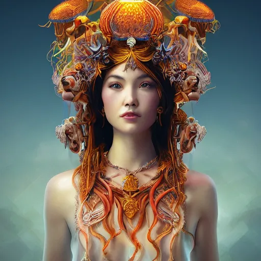 Image similar to Portrait of the most beautiful goddess, she has a jellyfish phoenix head's, by Tooth Wu, trending on Artstation, digital art, symmetrical artwork, cinematic, hyper realism, high detail, octane render, 4k, 8k