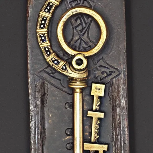 Prompt: a large ornate key with gems and engraved runes, d & d, photo