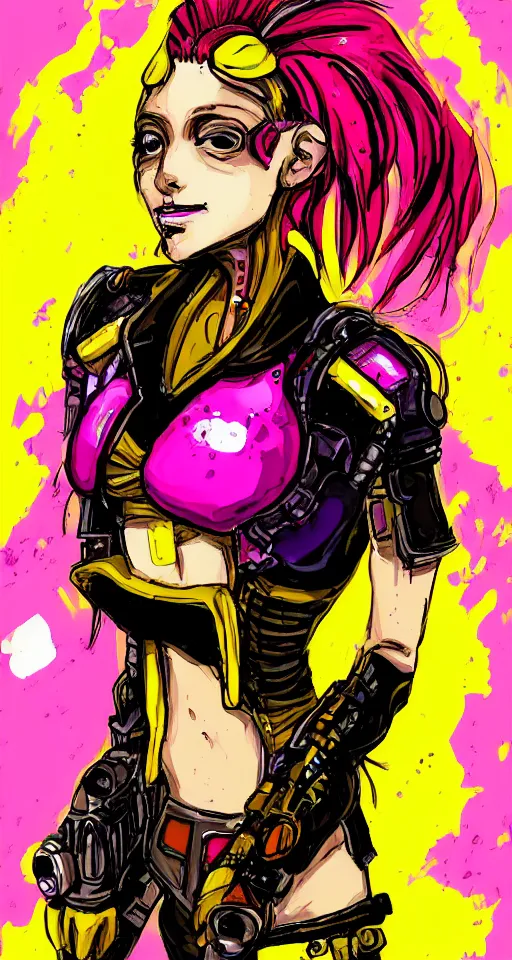 Prompt: portrait of a female gutter punk cyborg, yellow and pink, in the style of Cowboy Bebop