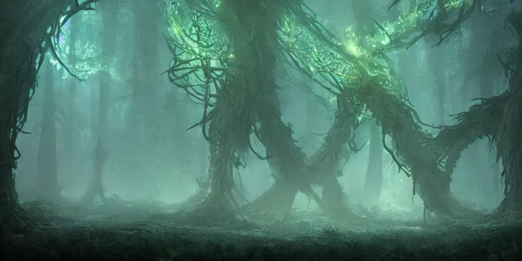 Image similar to centipede monster - trees in futuristic spiritual mystical post apocalyptic forest from ukraine, dim painterly volumetric aquatic lighting, beautiful, crisp, artstation, highly detailed