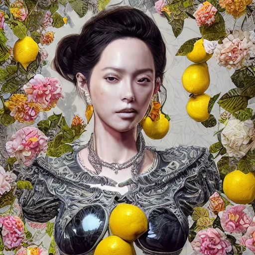 Image similar to the portrait of an absurdly beautiful, graceful, elegant, sophisticated, young idol made up of lemons, an ultrafine hyperdetailed illustration by kim jung gi, irakli nadar, intricate linework, bright colors, octopath traveler, final fantasy, unreal engine 5 highly rendered, global illumination, radiant light, detailed and intricate environment