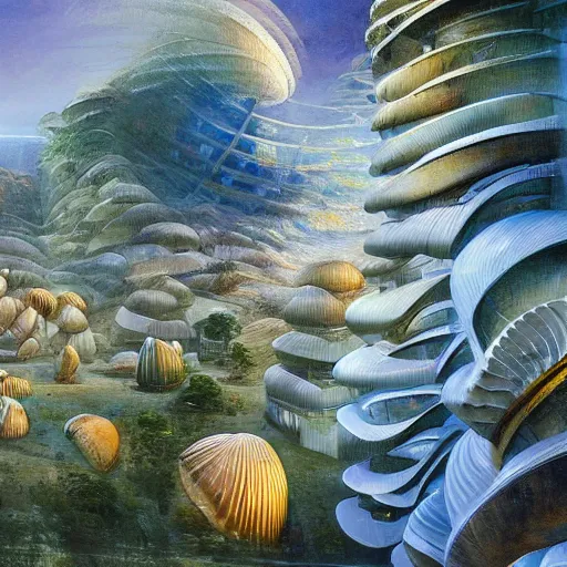 Prompt: beautiful portrait of bamboo living pods shaped like a sea shell embedded on the side of a cliff, windows, the time machine, spaceship by john berkey, panoramic view, ssci - fi, futuristic valley, hd wallpaer, art by artgerm, artwork by peter gric and brian froud and esao andrews