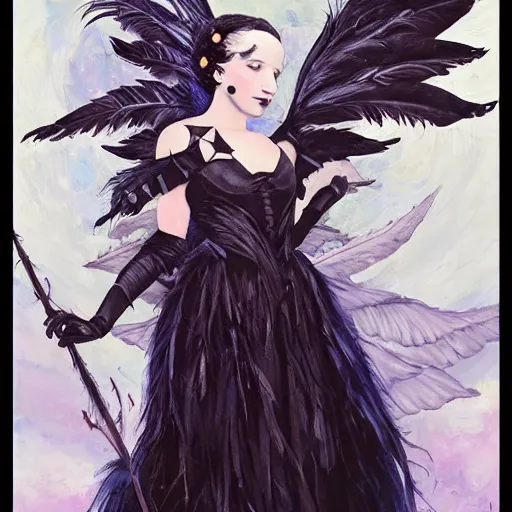 Image similar to Anna pavlova as beautiful dark angel gothic atompunk evil Disney villain queen with black feather hair, feathers growing out of skin, in front of space station window, highly detailed, dreamy, oil painting, Mike mignola, trending on artstation, comic book cover, illustration