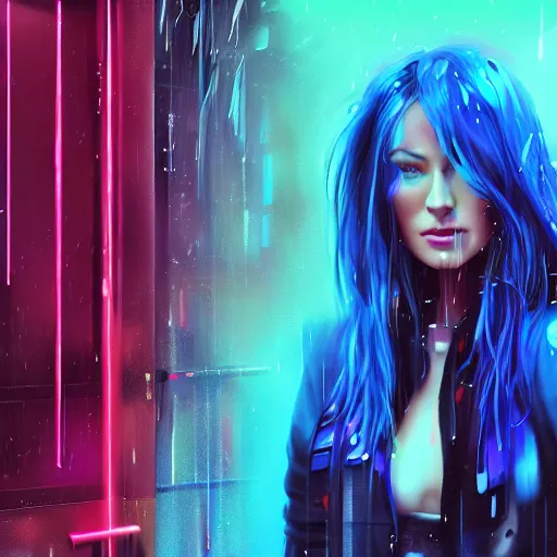 Image similar to a digital painting of olivia wilde in the rain with blue hair, cute - fine - face, pretty face, cyberpunk art by sim sa - jeong, cgsociety, synchromism, detailed painting, glowing neon, digital illustration, perfect face, extremely fine details, realistic shaded lighting, dynamic colorful background