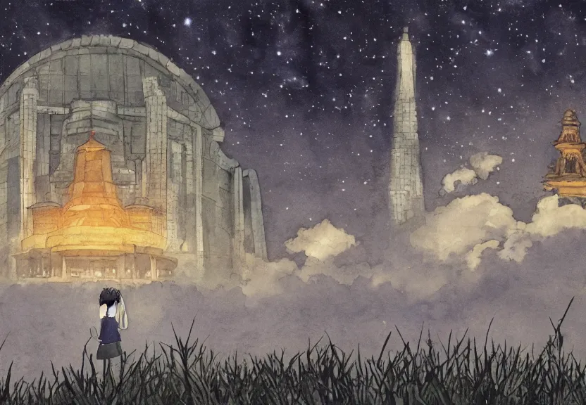 Image similar to a hyperrealist watercolor concept art from a studio ghibli film showing one giant grey aliens. a temple is under construction in the background in india on a misty and starry night. by studio ghibli. very dull muted colors