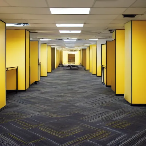 Prompt: The backrooms, a yellow infinite empty office space with long corridors and empty cubicles, lit by yellow fluorescent ceiling lights, stained carpet floor, old, stained wallpapers