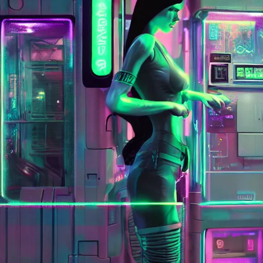 Image similar to extremely detailed realistic render of a cyberpunk girl i spired by ghost in the shell in front of a neon vending machine by James Jean and craig mullins, ArtStation, CGSociety