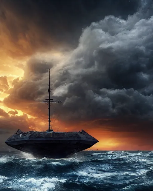 Prompt: a fishing boat on stormy seas, a gigantic star destroyer spaceship flying overhead, the gigantic star destroyer spaceship is emerging from storm clouds, sunset lighting, stormy weather, dramatic lighting, lightning, unreal engine, hyper realism, realistic shading, cinematic composition, realistic render, octane render, detailed textures, photorealistic, ultrawide shot, 1 6 mm lens