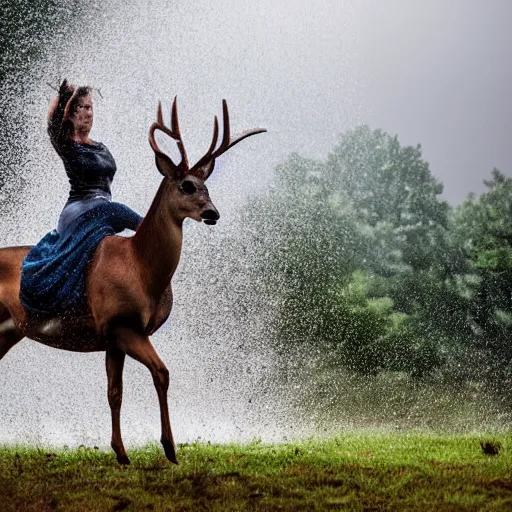 Image similar to 4 k hdr wide angle detailed portrait of a beautiful instagram model woman showering riding mounted on top of a wild deer in a rain shower during a storm with thunder clouds overhead and moody stormy lighting sony a 7