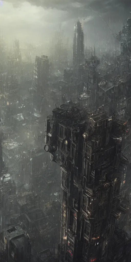 Prompt: a matte painting of a massive skyscraper in this cyber - frostpunk city, many city dwellers, in the rain, highly detailed, in the style of john chamberlain, dark moody lighting, hyper photorealism, trending on artstation, 8 k