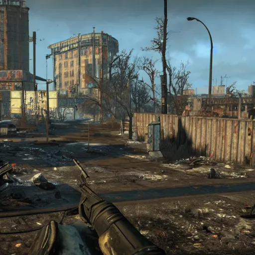 Image similar to Moscow in ruins post-nuclear war in Fallout 4, in game screenshot