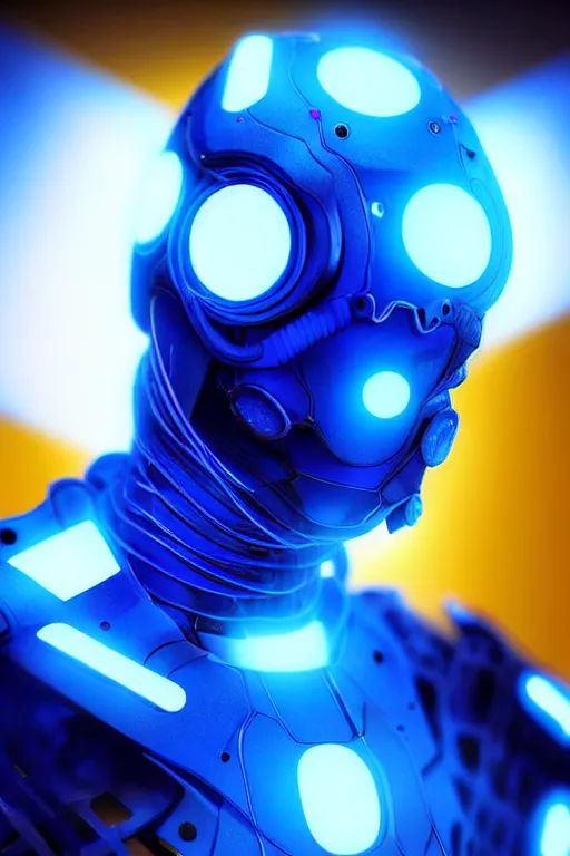 Image similar to hyperrealistic close-up blue glow exoskeleton!! sad chinese man covered highly detailed concept art eric zener elson peter cinematic side soft yellow light high angle hd 8k sharp shallow depth of field