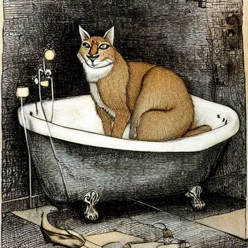 Image similar to cute caracal in bathtub, by Arthur Rackham