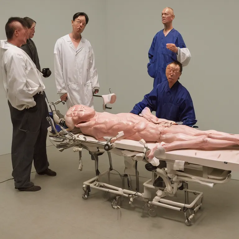 Prompt: chinese prisoner operating table cage surgeons ron mueck and duane hanson and lee bontecou and giacometti greig fraser canon eos r 3