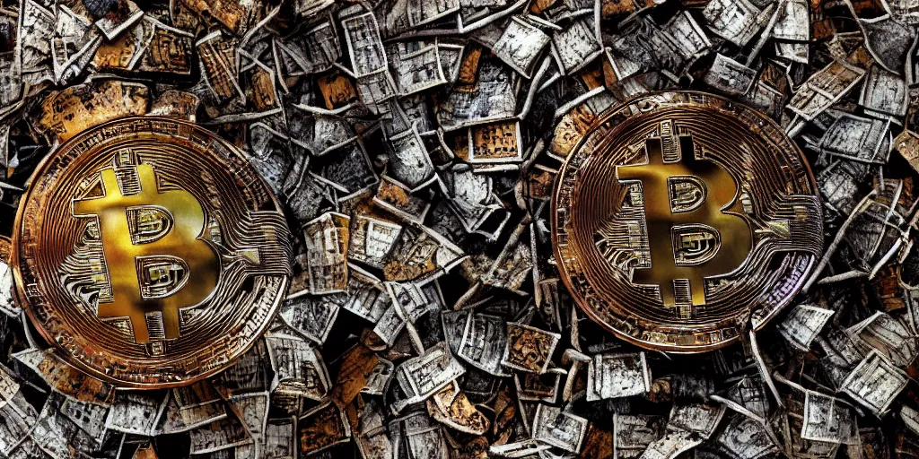 Image similar to giant rusted bitcoin, hated by everyone without exception, dystopian survival post - apocalyptic, angry mob