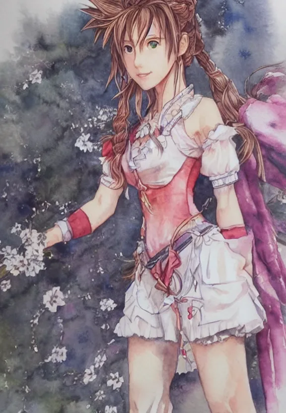 Image similar to a full - body watercolor painting of aerith gainsborough!!!!!! by yoshitaka amano, highly detailed, intricate, trending on artstation, award - winning