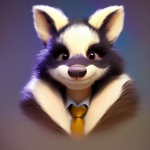 Prompt: portrait character design a young cute fluffy skunk character, style of maple story and zootopia, 3 d animation demo reel, portrait studio lighting by jessica rossier and brian froud and gaston bussiere