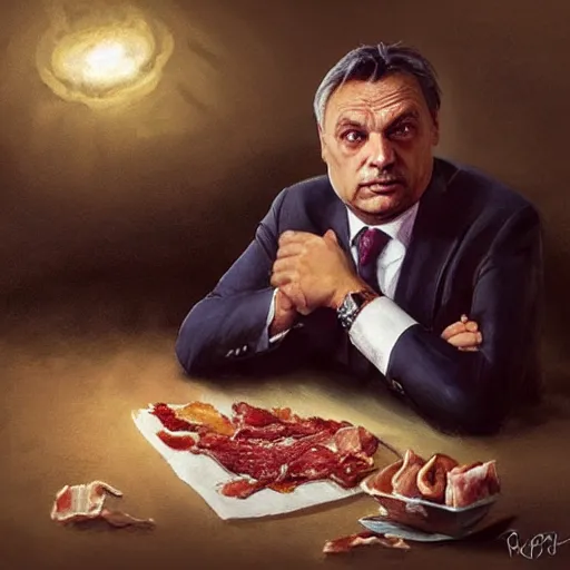 Image similar to viktor orban with detailed eyes, sitting on a large pile of bacon by greg rutkowski