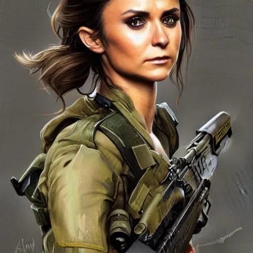 Prompt: portrait of nina dobrev as an army soldier, looking at camera, d & d, intricate, elegant, stylish, fierce look, fantasy, extremely detailed, digital painting, artstation, concept art, smooth, sharp focus, illustration, stunning lighting, art by artgerm and greg rutkowski and alphonse mucha and simon stalenhag.