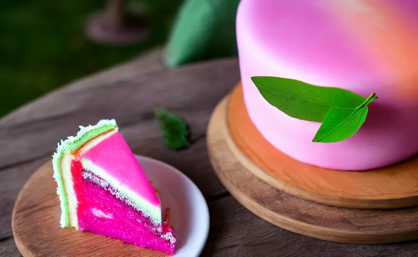 Image similar to A photo of a swedish princess cake from the side on a wooden table, covered with pink marzipan, some powder sugar and a green marzipan leaf in the center. Sunset. 4K. Cinematic lighting. High detail. Realistic. Delicious.