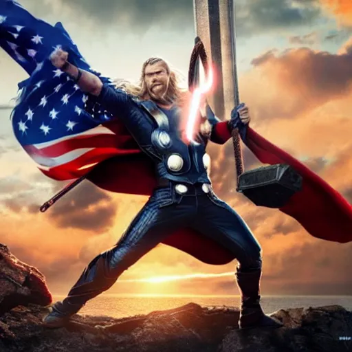 Image similar to a photo of thor with the hammer riding an epic dragon while holding the american flag and an electric guitar, ultrarealistic, 4 k, raytracing