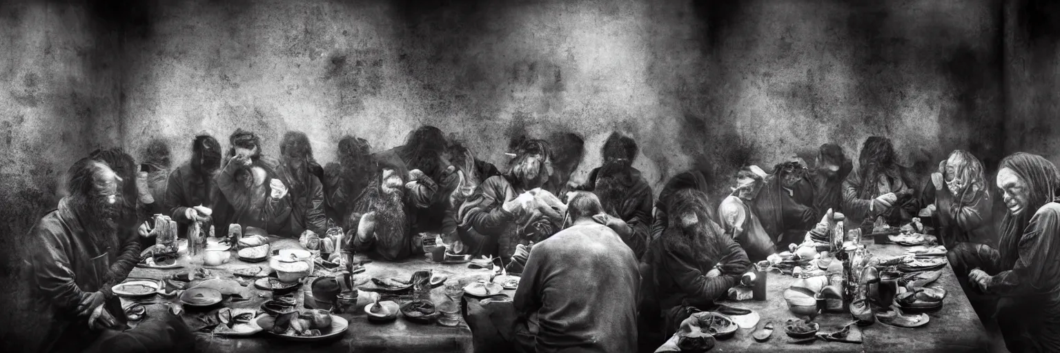 Image similar to Award Winning Editorial wide-angle picture of a Tramps in a new York Soup Kitchen by David Bailey and Lee Jeffries, called 'The Last Supper', 85mm ND 5, perfect lighting, gelatin silver process