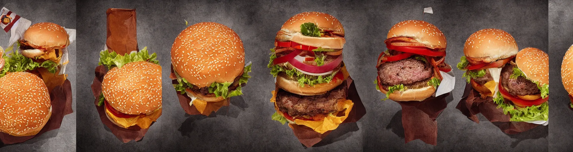 Prompt: a triptych of the hamburgers that represent all of history, award - winning food photograph