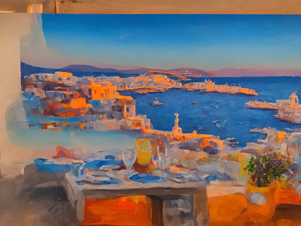 Prompt: an oil painting of a beautiful sunset overlooking the mediterranean from buddha bar in mykonos, background of millions of normal curves