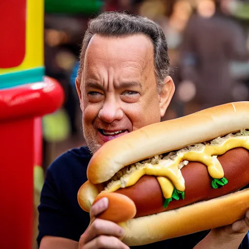 Image similar to tom hanks emerging from a giant hot dog, food photography, 8 5 mm f 1. 8