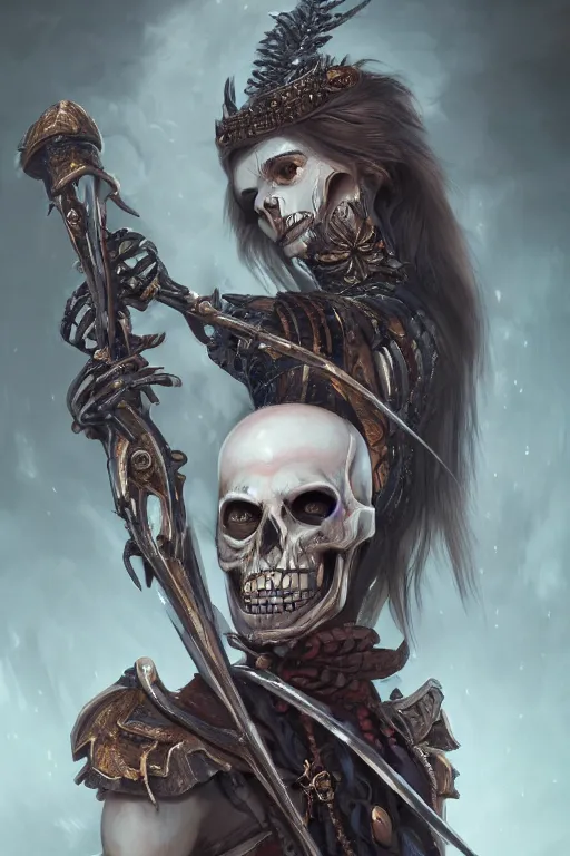 Image similar to Portrait of an anthropomorphic skeleton-woman warrior necromancer, cinematic lighting, hyper-detailed, cgsociety, 8k, high resolution, in the style of Charlie Bowater, Tom Bagshaw, Alexis Franklin, Elena Masci, Pawel Rebisz