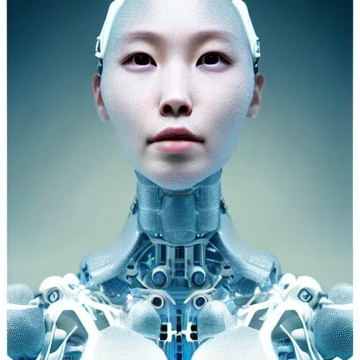 Image similar to beautiful centered fine art photo portrait of hoyeon jung as a solarpunk robotic humanoid, half body above water, white mechanical parts with led lights, ultra - realistic and detailed, white background, natural lighting, soft focus, slow exposure hdr 8 k