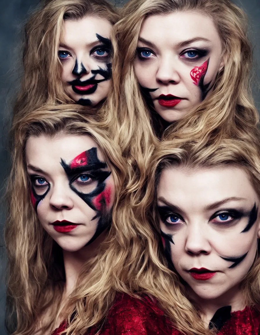 Prompt: natalie dormer, black metal face paint, hyper-realistic, 4k, full body, sexy red dress, vogue photoshoot