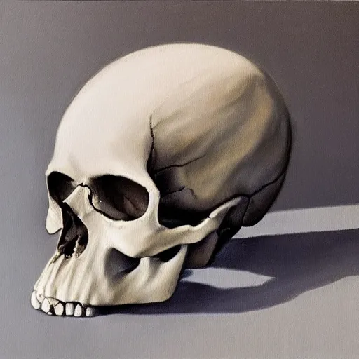 Image similar to hyperrealism painting of a skull on a table, soft shadows